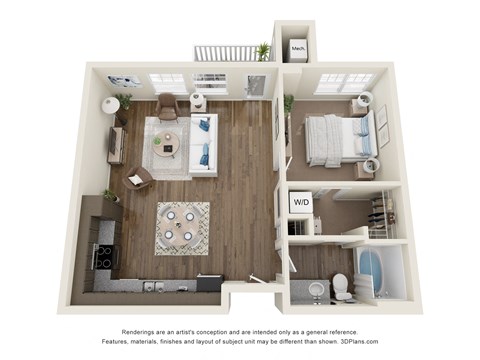 Floor plan for 1 bed, 1 bath, 719 sqft
